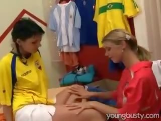 Young blonde dyke ladies having fun in the locker room